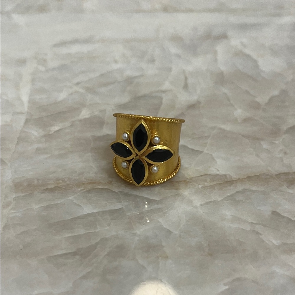 Julie Vos Gold Ring with Black Floral Design